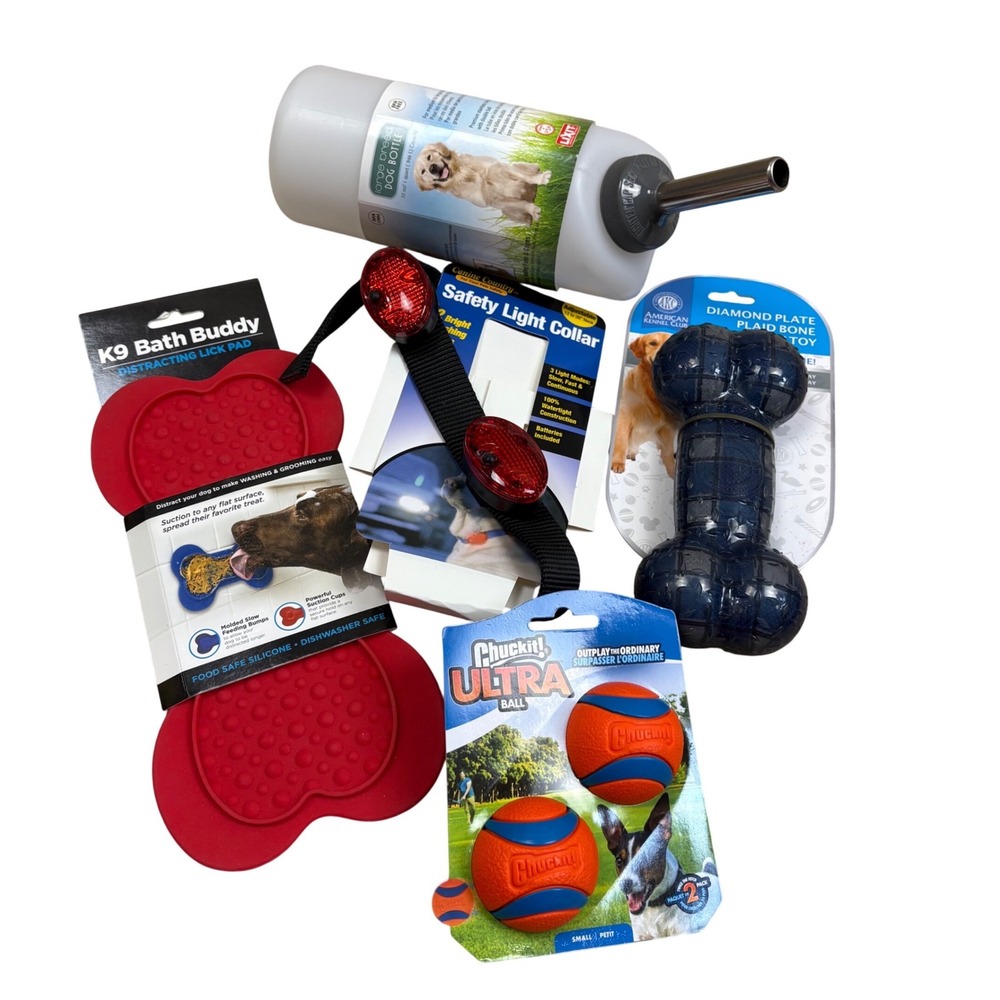 Dog Supply Bundle Lixit Water Bottle Chuckit Ultra Balls‎ AKC Toy Lick Pad